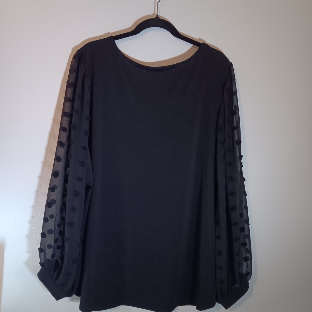 Adrianna Papell Black Blouse 3X Long Sleeve Sheer Polka Dot Party Top - Picture 5 of 5